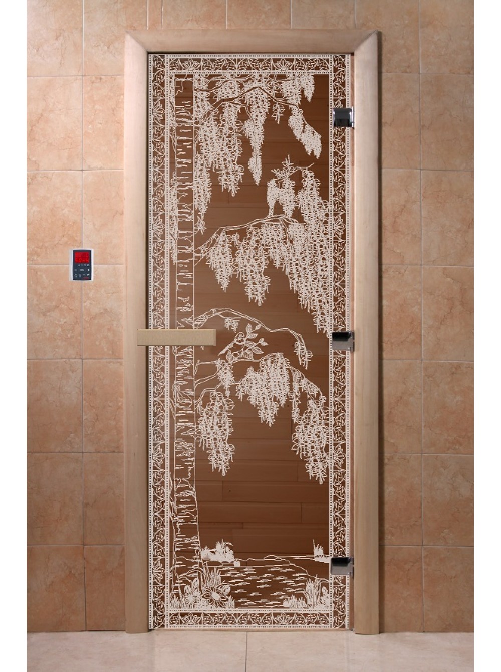Дверь банная 700*1900 "Березка" ручка с защелкой, бронза 6 мм, 2 петли коробка хвоя